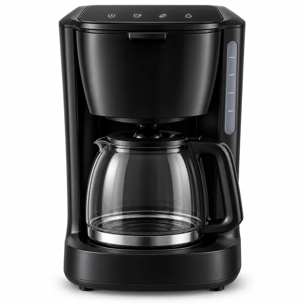 Cafetera de goteo negra con panel de botones táctiles en la parte superior, portafiltros abatible, jarra de cristal con asa negra sobre la placa calefactora e indicador de nivel de agua lateral