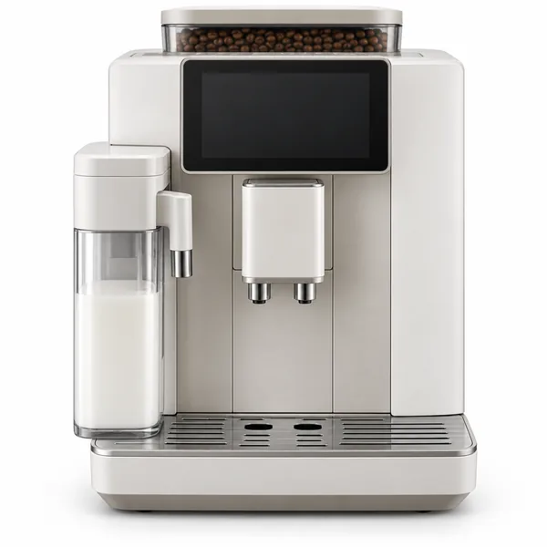 Cafetera superautomática moderna de color blanco y beige, con pantalla táctil a color en el frontal, tolva de granos en la parte superior, salida de café regulable y jarra de leche extraíble acoplada al lateral