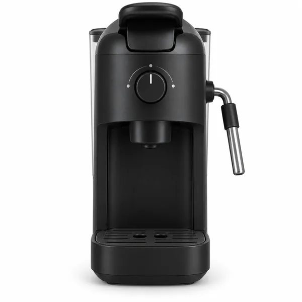 Cafetera de cápsulas compacta y alta, de plástico negro, con palanca superior, mando giratorio frontal, vaporizador de leche lateral y bandeja apoyatazas