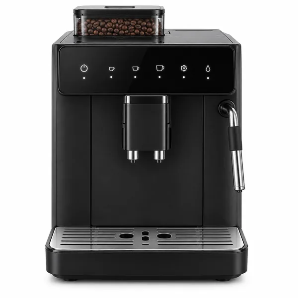Cafetera superautomática negra con panel de iconos táctiles iluminados, tolva de granos en la parte superior, salida de café central de doble boquilla y tubo vaporizador clásico en el lateral derecho